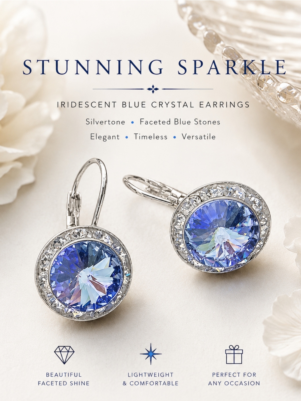 Blue Iridescent Crystal Earrings Silvertone • Faceted Stones